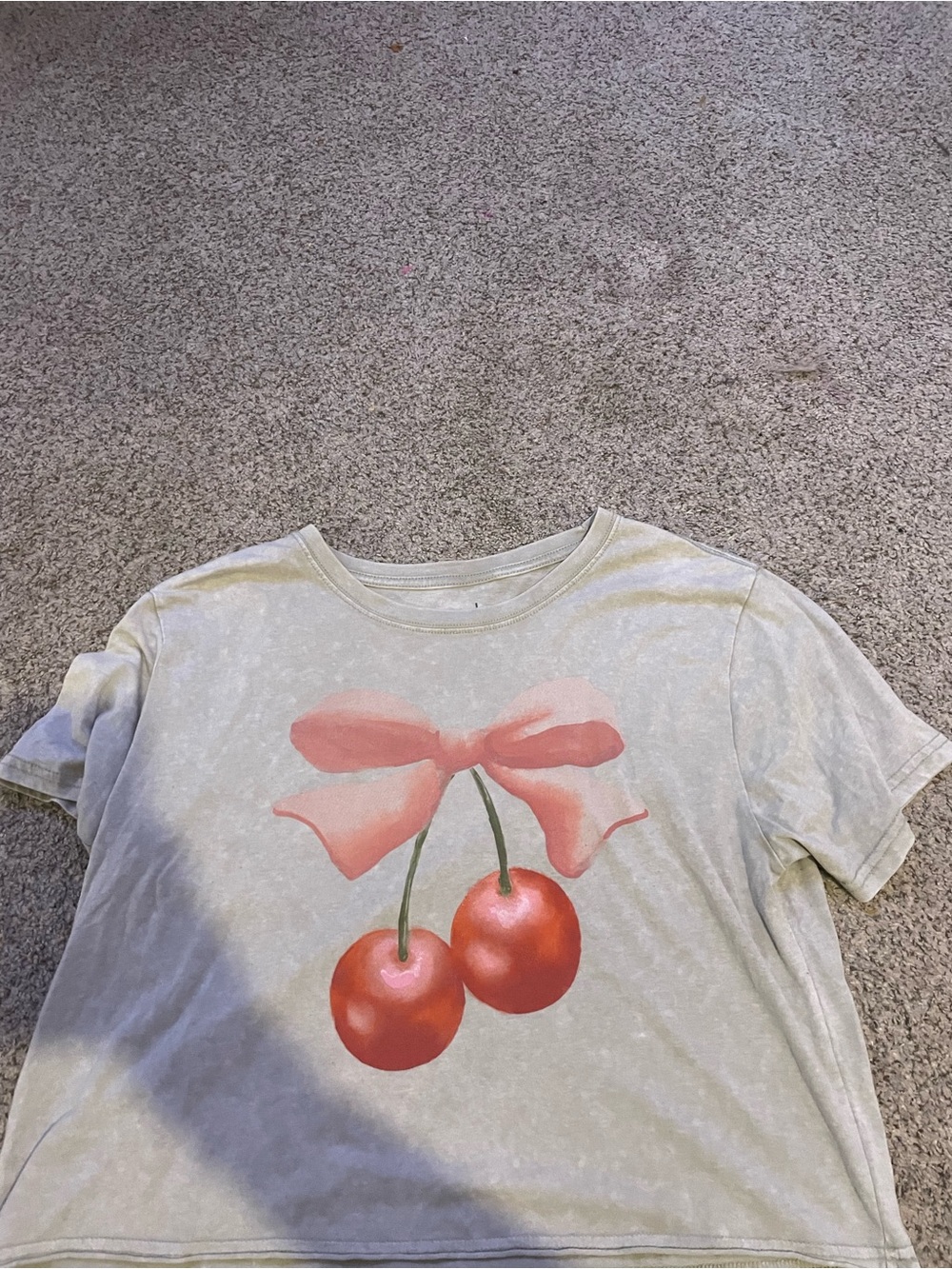 Light Cream Crop Top with Pink Bow & Red Cherry Graphic